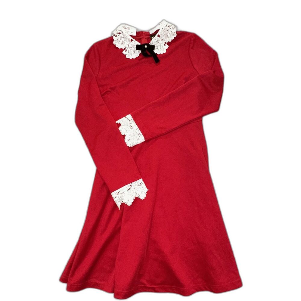 Hell Bunny Red Long Sleeve Dress White Lace Collar Black Bow UK 16 XL
